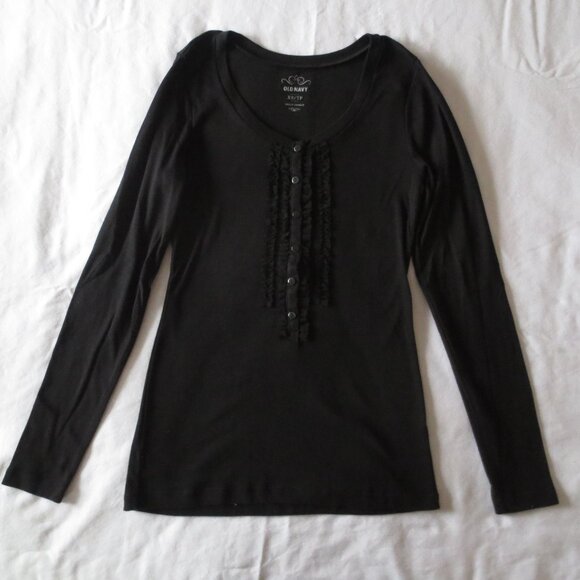 Old Navy Snug Comfy Fit Black Long Sleeve T-Shirt Tee with Ruffle Tuxedo Front - Picture 4 of 5